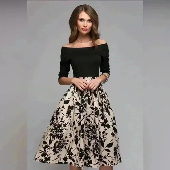 NWT RICCO BRUNO Women’s Midi Dress Black Beige Off Shoulders Size L - Picture 2 of 11